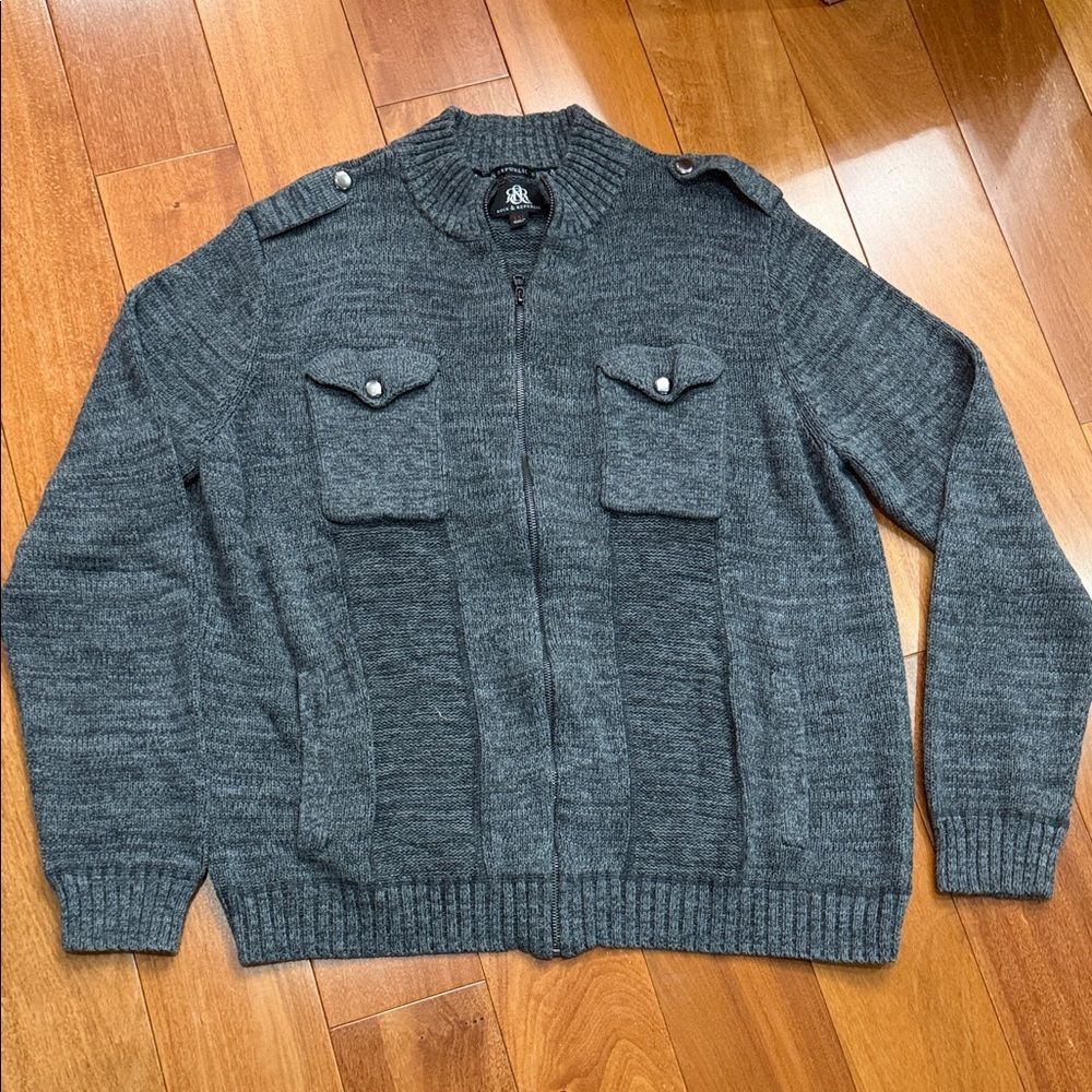 Rock & Republic Full Zip Cardigan Mens Gray Military Utility Sweater XXL